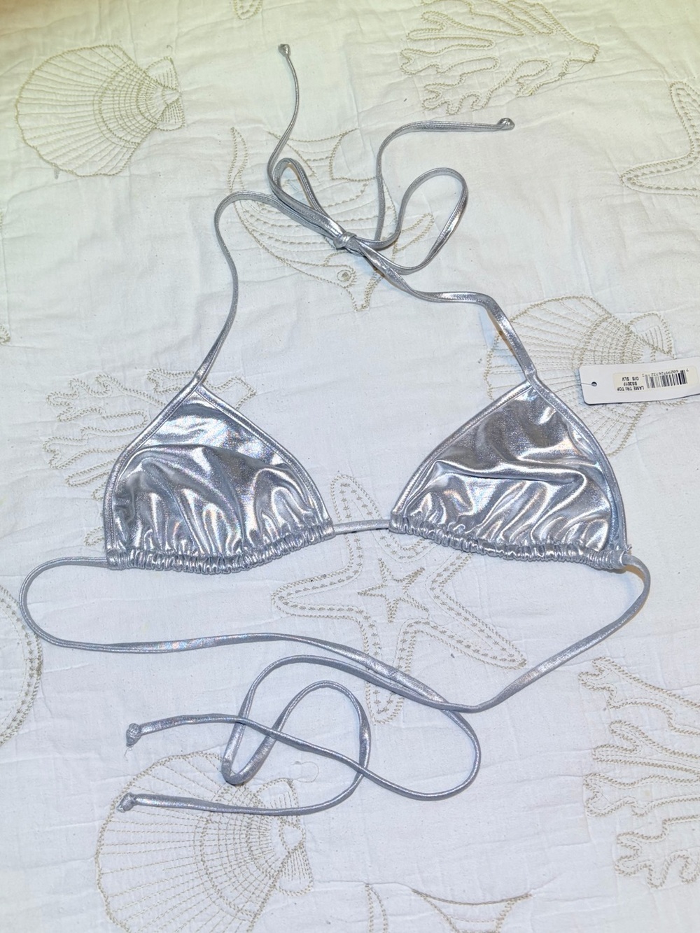 NWT Super Sexy Silver Metallic Triangle String Slide Bikini Top. XS / Small